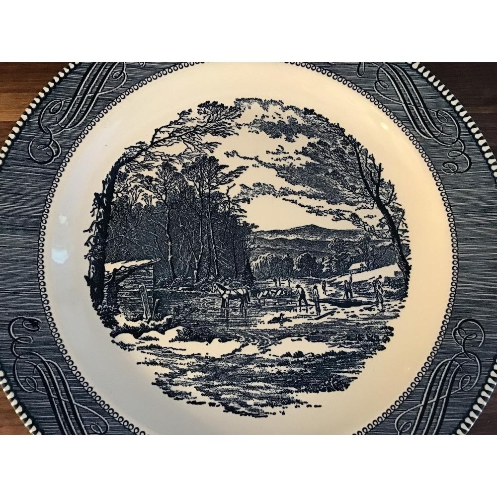 VTG Currier & Ives 10" Dinner Plate Winter Logging Scene Wall Plate Cottagecore